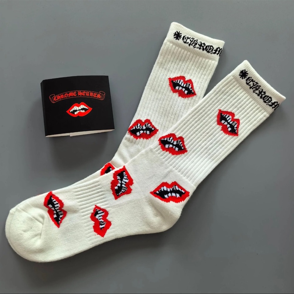 Chrome Hearts White Crew Socks with Red Lip Motif